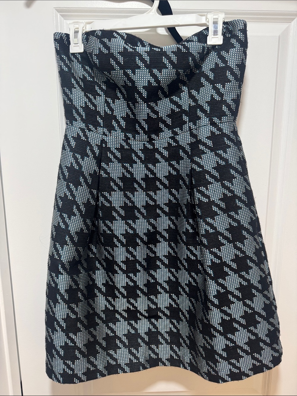 Trina Turk Strapless Houndstooth A-Line Dress in Black and Light Blue